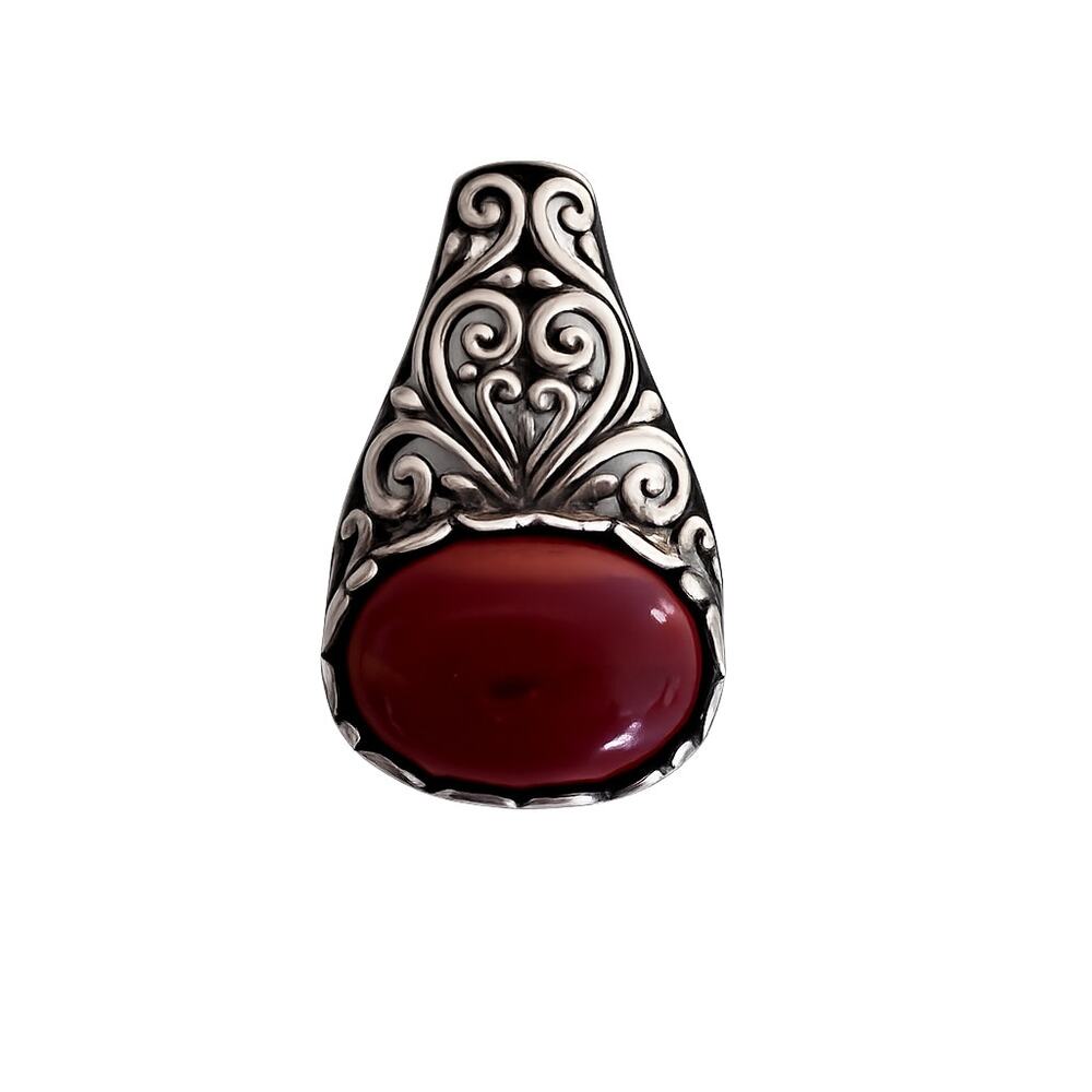Vintage 925 Sterling Silver Carnelian Cabochon Red Stone Pendant Scrollwork 4g